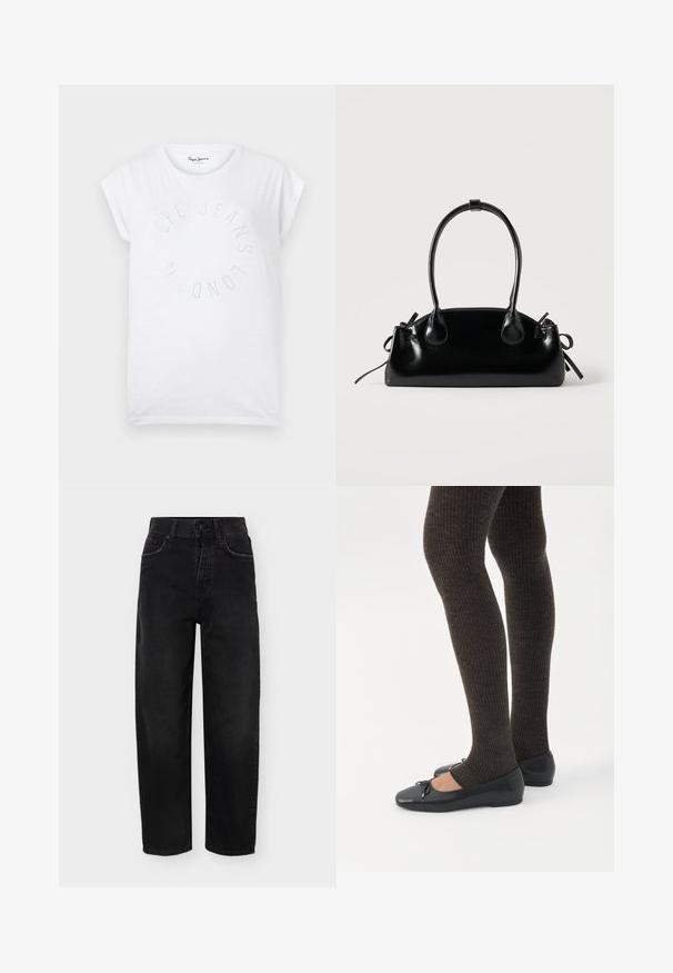 T-shirt en coton blanc avec un col rond et des manches courtes. Présente un design de texte circulaire en petits points portant l'inscription "Pepe Jeans London".; Jean noir taille haute à jambes droites avec braguette à boutons, poches avant et arrière, et passants pour ceinture, présenté sur un fond uni.; Jambes portant des leggings côtelés foncés associés à des ballerines noires avec de petits détails en nœud sur fond blanc.; Petit sac à main noir brillant avec deux longues anses et des détails à cordon sur les côtés sur un fond clair uni.