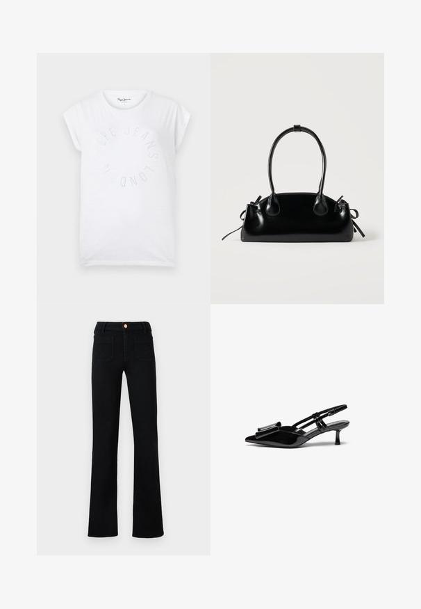 Weißes Baumwoll-T-Shirt mit rundem Ausschnitt und kurzen Ärmeln. Es verfügt über ein kreisförmiges Textdesign aus kleinen Punkten mit der Aufschrift "Pepe Jeans London".; Schwarze hochtaillierte Jeans im Straight-Leg-Schnitt mit aufgesetzten Vordertaschen und einem kupferfarbenen Knopfverschluss auf neutralem Hintergrund.; Schwarze Lackleder-Slingbacks mit spitzer Zehenpartie, einer Schleifendetail an der Vorderseite und einem kleinen Stiletto-Absatz. Die Riemen haben verstellbare Schnallen.; Kleine schwarze glänzende Handtasche mit zwei langen Griffen und seitlichen Kordelzug-Details vor einfachem hellem Hintergrund.