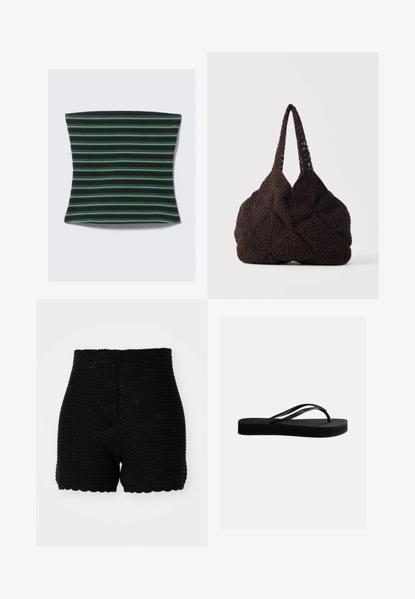 Housse de coussin rayée avec des bandes horizontales noires et vertes. Fabriquée en tissu doux avec une texture lisse et des bords arrondis.; Shorts en crochet noirs avec une texture côtelée, taille haute et ourlet festonné. Conçus pour une silhouette ajustée et en matériau respirant.; Tongs en caoutchouc noir avec semelle texturée et bride en forme de Y, vues de côté sur un fond clair uni.; Sac cabas noir au crochet avec motifs carrés texturés et deux bretelles, posé sur un fond uni.