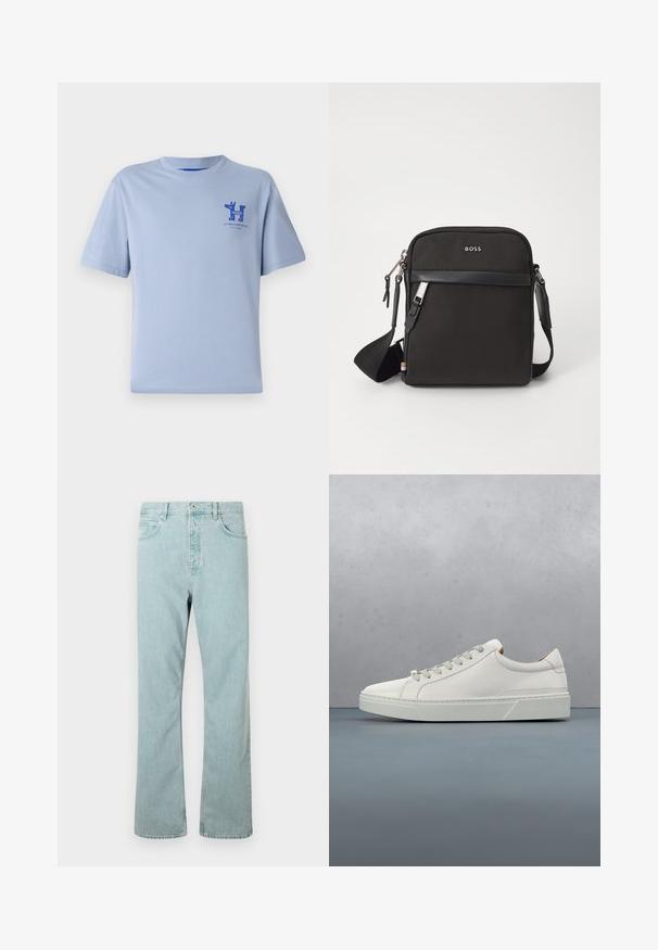 Hellblaues Baumwoll-T-Shirt mit kurzen Ärmeln, rundem Halsausschnitt und blauem Druckgrafik auf der Brust mit Text und Designelementen.; Hellblaue Jeans aus Denim mit geradem Schnitt, fünf Taschen und einem einzigen Knopfverschluss. Abgerundet mit dezenten Steppdetails.; Weißes Leder-Sneaker mit abgerundetem Zehenbereich, minimalistisches Design, graue Schnürsenkel und einer strukturierten grauen Gummisohle. Dezente Nähte sichtbar.; Schwarze Umhängetasche aus strukturiertem Stoff, mit Logo auf der Vorderseite, Reißverschluss und verstellbarem Tragegurt. Verfügt über eine glatte Lederbesatz.