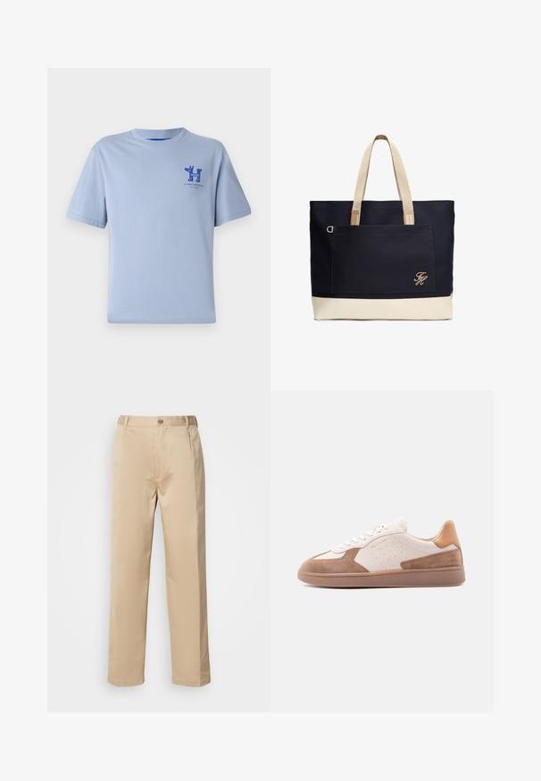 Camiseta de algodón de color azul claro con mangas cortas, escote redondo y gráfico impreso en azul en el pecho, que presenta texto y elementos de diseño.; Pantalones beige hechos de una tela ligera, con un diseño de pierna recta, cinturilla con trabillas y un solo botón en la parte frontal.; Zapatilla baja blanca y beige con detalles de ante, laterales perforados, cordones blancos y suela de goma texturizada, mostrada de lado sobre un fondo blanco.; Bolso tote grande de color azul marino con asas y base de color crema, con un bolsillo exterior con cremallera y las iniciales bordadas en beige en el frente.