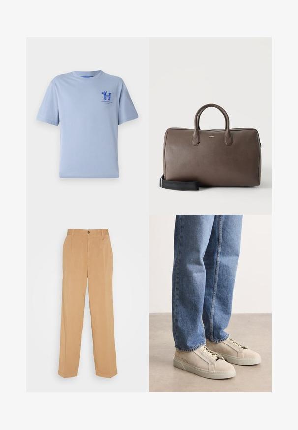 Hellblaues Baumwoll-T-Shirt mit kurzen Ärmeln, rundem Halsausschnitt und blauem Druckgrafik auf der Brust mit Text und Designelementen.; Beige weite Hose aus weichem Stoff, mit zwei frontalen Taschen, einem Knopfverschluss und Bügelfalten entlang der Beine.; BOSS GARYTENN_SDHDEL - Sneaker low - natural ten; Braune Leder-Duffelbag mit zwei Griffen, einem schwarzen verstellbaren Schulterriemen und einem kleinen "BOSS" Logo vorne in der Mitte.