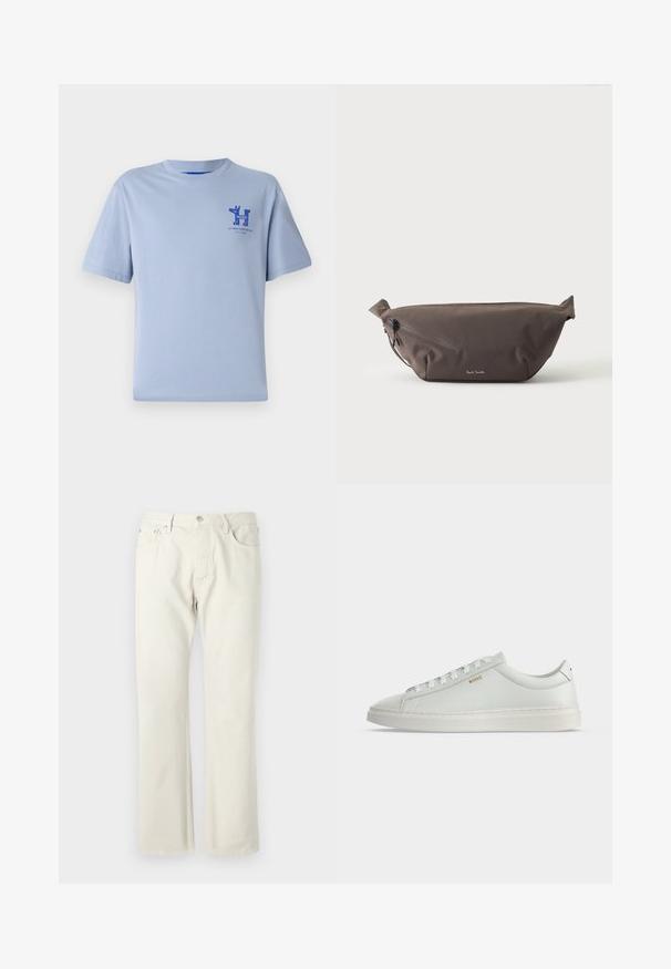 Lyseblå bomulds t-shirt med korte ærmer, rund halsudskæring og blåt trykt grafik på brystet med tekst og designelementer.; Lys beige straight-leg jeans lavet af bomuldsdenim. Har lommer, en klassisk knaplukning og en subtil tekstur uden mønstre.; Hvid lavtop lædersneakers med snørebånd, flad sål og lille gyldent "BOSS" logo på siden, set fra ydersiden.; Mørkebrun stof talje taske med diagonalt lynlåslomme og lille hvidt logo på fronten, sat mod en ensfarvet lys baggrund.