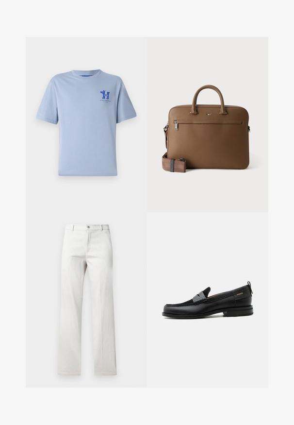 Hellblaues Baumwoll-T-Shirt mit kurzen Ärmeln, rundem Halsausschnitt und blauem Druckgrafik auf der Brust mit Text und Designelementen.; Helle graue Hose mit geradem Bein, aus einem glatten Stoff gefertigt, mit vorderer Knopfverschluss und Seitentaschen.; Schwarzer Lederloafer mit grauem Riemendetail, niedrigem Absatz und strukturierter Sohle, seitlich mit „HUGO“ in Gold gebrandmarkt.; Braune Leder-Aktentasche mit oberen Griffen, vorderer Reißverschlusstasche und abnehmbarem, passendem Schulterriemen auf weißem Hintergrund.