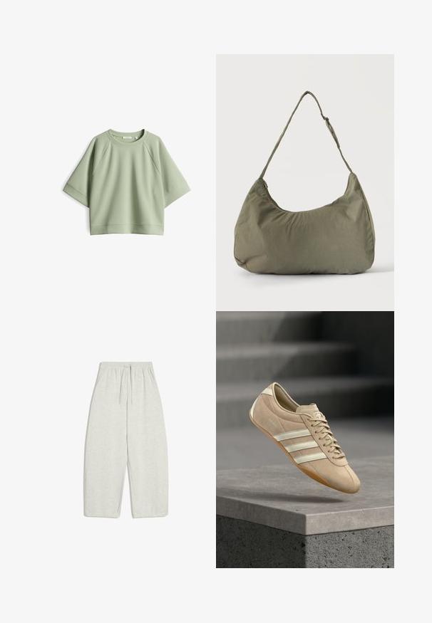 Lichtgroen oversized sweatshirt met een ronde hals, raglanmouwen en een zachte textuur. Heeft een geribbelde hals en zoom.; Lichtgrijze, losvallende sweatpants gemaakt van een zachte katoenmix, met een elastische tailleband met verstelbare trekkoord en zijzakken.; Lichtbeige sneaker met drie witte horizontale strepen, bovenwerk van suède en een rubberen gumzool, met een logo aan de zijkant.; Schoudertas van zacht olijfgroen stof met ritssluiting en verstelbare band op een effen lichte achtergrond.