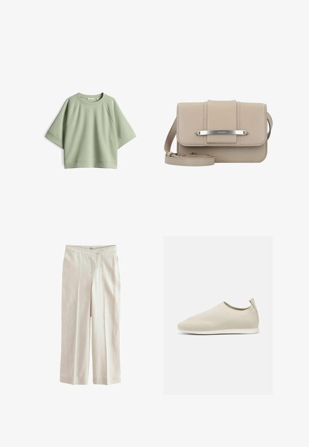 Hellgrünes, oversized Sweatshirt mit Rundhalsausschnitt, Raglanärmeln und weicher Textur. Verfügt über einen gerippten Halsausschnitt und Saum.; Next ASYMETRIC WAITBAND TAILORED WIDE LEG - Stoffhose - neutral; Beige gestrickter Slipper mit niedrigem Profil, strukturiertem Obermaterial und flexibler Sohle. Verfügt über ein gewebtes Design um den Knöchel für zusätzlichen Komfort.; Calvin Klein BAR - Umhängetasche - silver mink