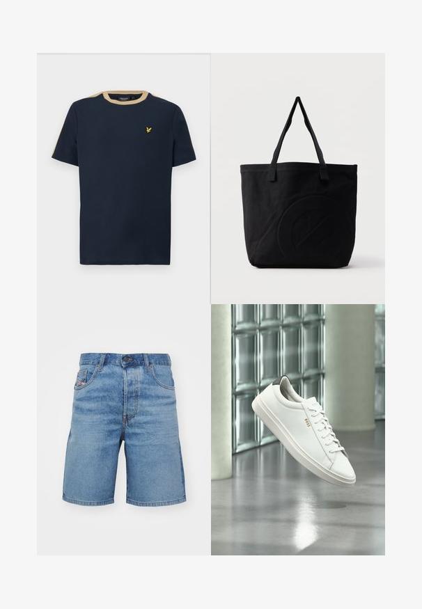 Mørkeblå t-shirt lavet af bomuld med rund halsudskæring og korte ærmer. Har en sandfarvet kant og et lille guld broderet logo.; Lyseblå denimshorts med klassisk pasform, let falming, fem lomme-design og syninger i kobberfarve. Har en frontlukning med knap.; Hvid læder lav-top sneaker med snørebånd, sort hælflig og "BOSS"-logo, svævende indendørs nær glasblok væg og poleret gulv.; Sort canvas-tote-taske med to skulderstropper og et diskret præget cirkeldesign på fronten.