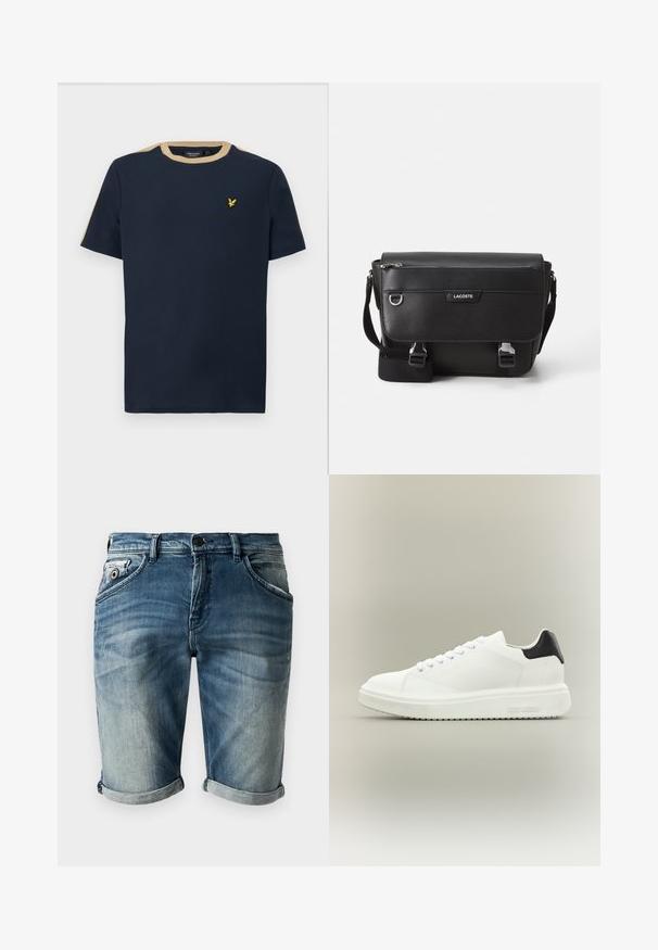Marineblauwe t-shirt van katoen met een ronde halslijn en korte mouwen. Heeft een tan-kleurige bies en een klein, goud geborduurd logo.; Denim shorts in een vervaagde blauwe tint met een iets verweerd textuur. Voorzien van opgerolde omslagen, voorzakken en een klassieke knoopsluiting.; Steve Madden FYNNER - Sneakers laag - white; Zwarte textuur Lacoste schoudertas met verstelbare strap, voormep flap, ritszak en metalen gesp-sluiting.