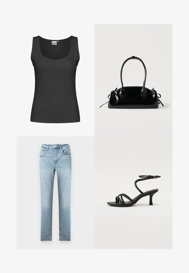 Débardeur sans manches noir avec un col carré et une texture côtelée. Design simple sans embellissements ni motifs.; Jean bleu clair taille haute à jambe droite avec poches devant et derrière, fermeture par bouton et légère décoloration sur les cuisses et les genoux.; Even&Odd Wide Fit by Zalando Sandales - black; Petit sac à main noir brillant avec deux longues anses et des détails à cordon sur les côtés sur un fond clair uni.