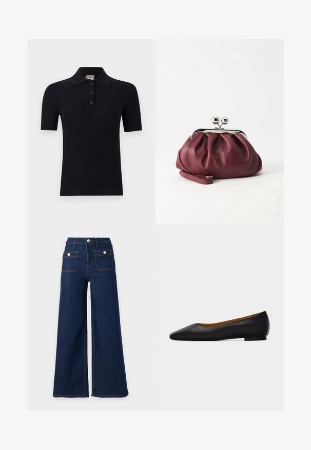 Polo noir à manches courtes avec une patte de boutonnage trois boutons et un col, présenté sur un fond clair uni.; Jeans en denim bleu foncé à jambes larges, taille haute et deux poches avant à rabat avec boutons.; Chaussure plate en cuir noir à bout pointu avec talon bas et finition lisse, vue de côté sur un fond gris clair.; Petit sac pochette en cuir bordeaux avec fermoir métallique argenté et bracelet sur fond blanc.