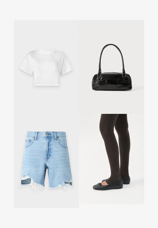 Witte cropped t-shirt van katoen. Korte mouwen, ronde halslijn, gladde textuur, casual ontwerp zonder patronen of versieringen.; Lichtblauwe denim shorts met een klassiek vijf-pocket ontwerp, rafelige zoom en versleten details aan de voorkant.; Benen met donkere geribbelde leggings gecombineerd met zwarte ballerina's met kleine strikdetails op een witte achtergrond.; Zwarte leren handtas met een rechthoekige vorm, voorzien van een enkele gestructureerde handgreep, zilveren hardware en ritsluiting. Gladde textuur.