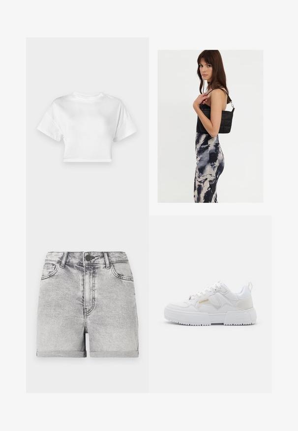 Hvid cropped t-shirt lavet af bomuld. Korte ærmer, rund halsudskæring, glat tekstur, afslappet design uden mønstre eller pynt.; Grå denim shorts med oprullede kanter, fem-lomme design og central knaplukning. Glat tekstur med subtile falmede detaljer.; Hvide sneakers med et chunky design, fremstillet af læder og syntetiske materialer, med teksturerede detaljer, snørebånd og et fremtrædende logo i guld.; Sort quiltet skuldertaske med en enkelt rem og sølvhardware, parret med en tætsiddende kjole med tie-dye mønster i nuancer af sort og creme.