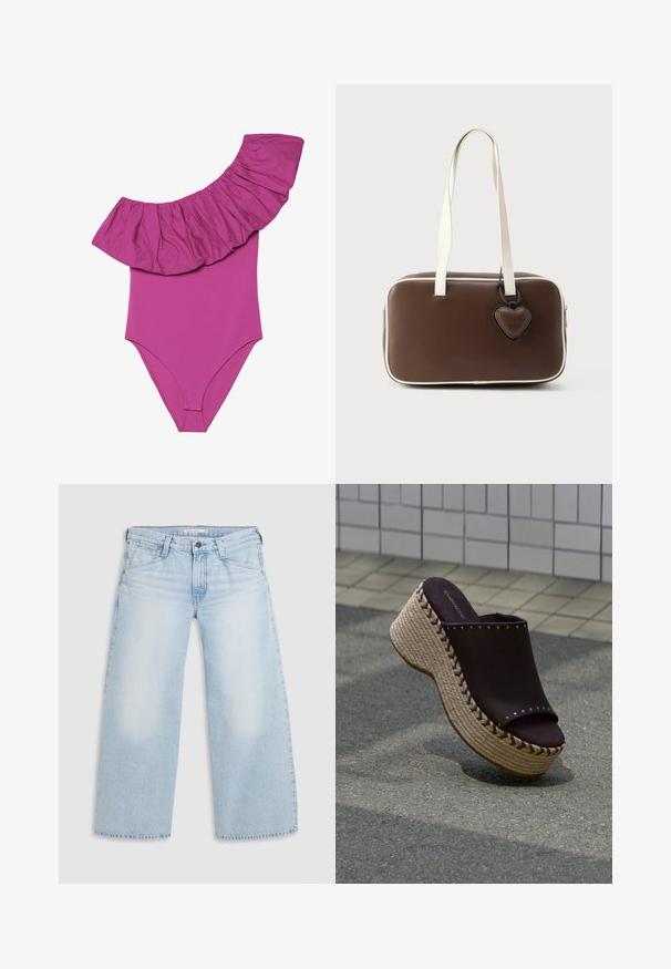 En-delt badedragt i klar pink, med brede volangdetaljer på skuldrene og en glat, tætsiddende pasform. Blødt, strækbart stof.; Lyseblå vid nederdel jeans lavet af denim. Har lige snit, fem lommers design og knaplukning i taljen.; Sort slip-on platformsandal med flettet rebssål og metalnitter på flisebelagt gulv.; Brun håndtaske i kunstlæder med hvid kant, rektangulær form, korte håndtag og dekorativ hjerteformet mærkat fastgjort.