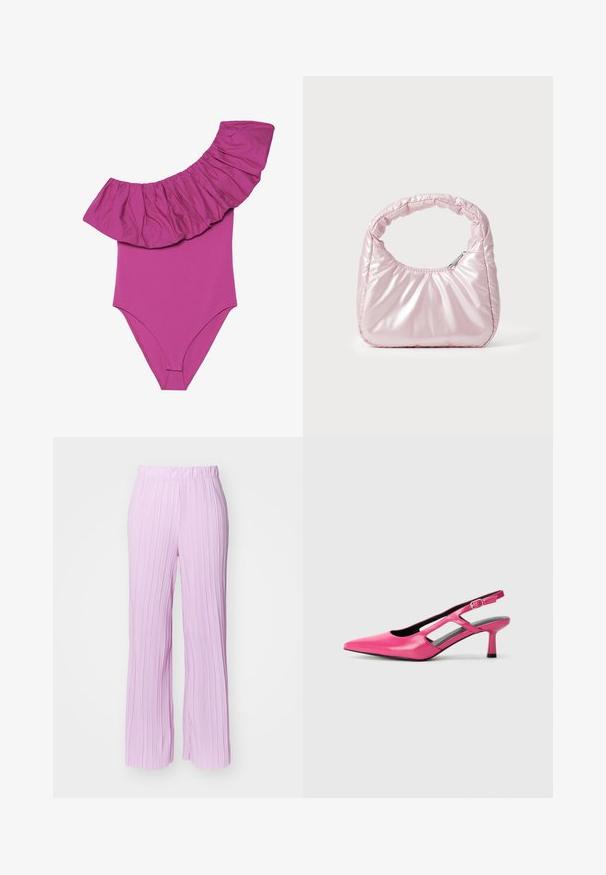 En-delt badedragt i klar pink, med brede volangdetaljer på skuldrene og en glat, tætsiddende pasform. Blødt, strækbart stof.; Lyserøde, plisserede bukser med bred ben-design og elastisk talje, der har en vertikal tekstur og en glat finish.; Rosa læder slingback stilet med spids tå, udskæringsdetaljer og en lav hæl. Glat tekstur og justerbar spænde.; Rosa, polstret håndtaske med afrundet design, lavet af skinnende materiale. Har et samlet håndtag og en lynlås til sikker adgang.