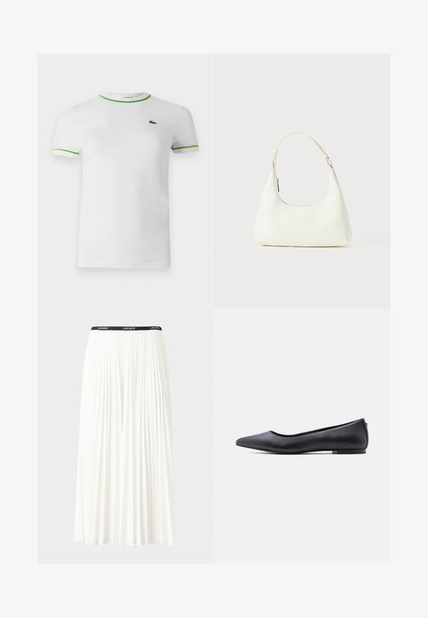 T-shirt en coton blanc avec des manches courtes, un col rond et des accents ribbed verts et jaunes au col et aux bords des manches. Logo Lacoste sur la poitrine.; Jupe plissée blanche avec une taille élastique noire portant le logo "LACOSTE". Design mi-long avec une texture douce.; Chaussure plate en cuir noire à bout pointu avec petit talon, vue de profil sur fond blanc.; Petit sac blanc à épaule avec une seule bandoulière ajustable et une fermeture éclair, sur un fond blanc uni.