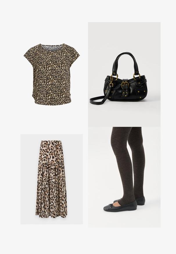 Haut à manches courtes imprimé léopard beige et noir, avec un col rond et une coupe ample. Tissu doux, présentant un motif animal distinct.; Jupe longue à volants avec motif léopard marron, noir et beige sur tissu léger.; Jambes portant des leggings côtelés foncés associés à des ballerines noires avec de petits détails en nœud sur fond blanc.; Sac à main en cuir noir avec boucle dorée et détails à rivets, poignées courtes et bandoulière réglable sur fond blanc uni.