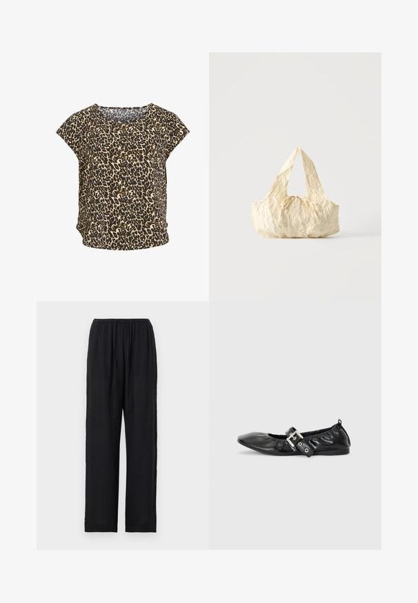Haut à manches courtes imprimé léopard beige et noir, avec un col rond et une coupe ample. Tissu doux, présentant un motif animal distinct.; Pantalon noir léger avec une ceinture élastique, des jambes droites et un ourlet simple. Confectionné dans un tissu doux et respirant.; Chaussure plate en cuir noir avec un nez pointu, des détails froncés autour de l'ouverture et un accent en boucle argentée sur la bride ajustable.; Sac à main en tissu texturé couleur crème avec des anses sur le dessus et un petit nœud noué au centre devant.