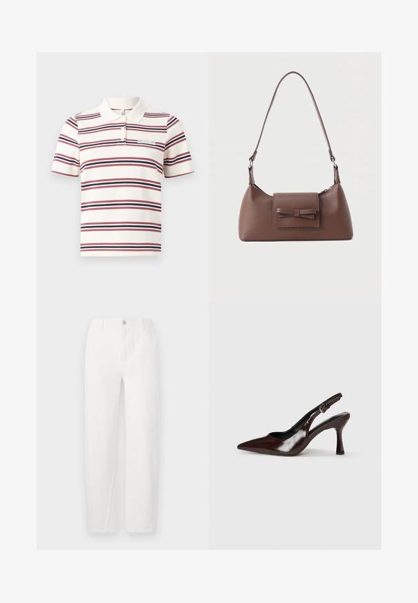 Polo rayé en crème, avec des rayures horizontales rouge et marine, un col classique, des manches courtes et une petite étiquette portant l'inscription "FEARLESS".; Jeans droits blancs en denim, dotés d'une fermeture à bouton, de deux poches avant et de coutures propres. Design simple sans motifs visibles.; Talons slingback en cuir verni brun avec un bout pointu, un talon fin, et une sangle réglable avec une petite boucle.; Sac à bandoulière en cuir marron avec une poche à rabat avant ornée d'un détail en forme de nœud cousu et une sangle réglable.