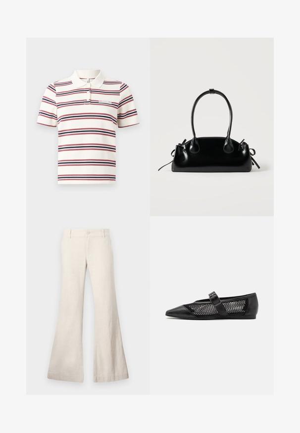 Polo rayé en crème, avec des rayures horizontales rouge et marine, un col classique, des manches courtes et une petite étiquette portant l'inscription "FEARLESS".; Pantalons beiges évasés en tissu léger composé de lin. Présente une fermeture à bouton à l'avant et des poches latérales. Texture lisse, design décontracté.; Chaussure plate noire avec un bout pointu, panneaux latéraux en maille et une sangle avec une boucle décorative. Fini lisse sur les sections du bout et du talon.; Petit sac à main noir brillant avec deux longues anses et des détails à cordon sur les côtés sur un fond clair uni.