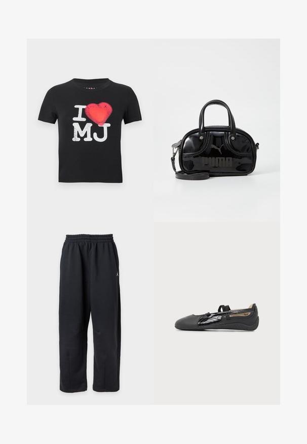 T-shirt noir à manches courtes avec le texte blanc "I MJ" et un graphique de cœur rouge remplaçant le mot "love" au centre.; Pantalon de survêtement noir à coupe ample avec taille élastique et petit logo blanc sur le côté droit.; Chaussure plate noire à enfiler avec une sangle élastique, bout lisse et détail latéral brillant, présentée de profil sur fond neutre.; Sac à main en cuir verni noir avec des poignées supérieures doubles, une bandoulière amovible, une forme arrondie et un logo "PUMA" en relief bien visible.