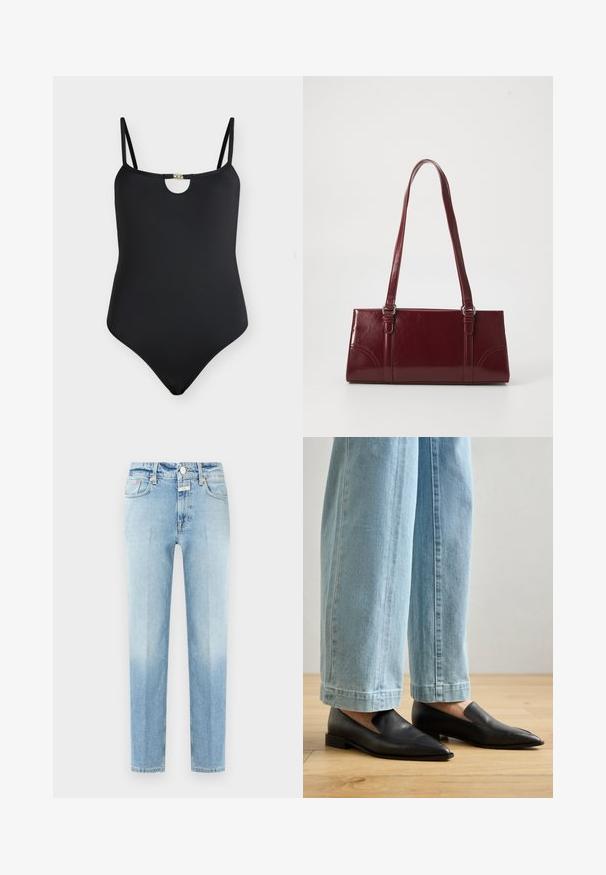 Maillot de bain une pièce noir sans manches avec fines bretelles et petite boucle décorative dorée à l'encolure devant.; Jean denim bleu clair à jambes droites avec poches avant, passants pour ceinture, fermeture par bouton, et légère décoloration sur les cuisses et les genoux.; Chaussures en cuir noir à bout pointu et à enfilage, associées à un jean large bleu clair, sur un sol en bois.; Sac à main bordeaux en matériau brillant, de forme rectangulaire, avec deux anses et des accents légèrement courbés à l'avant.