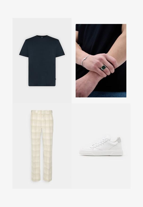 Mørk marineblå T-shirt med korte ærmer og rund halsudskæring med subtilt præget logo på brystet og lille sidelabel på en ensartet lys baggrund.; Beige ternede bukser lavet af et let stof. De har en straight-leg design med et subtilt ternet mønster og et klassisk taljebånd.; Hvide lædersneakers med en glat finish, rund tå, flade snørebånd og en struktureret sål. Grå ruskindsdetalje ved hælen.; Person iført en sort skjorte, der holder deres venstre håndled med højre hånd, og viser et sølvarmbånd med kors samt en sølvring med sort front.