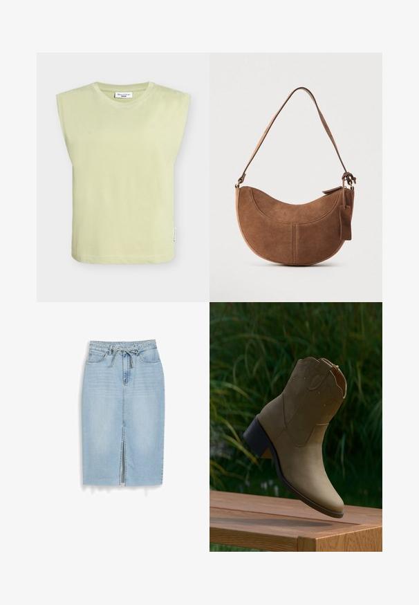 Haut en coton vert clair avec épaules larges, encolure ronde et ourlet droit. Comprend une étiquette sur la couture latérale.; Jupe midi en denim bleu clair avec fente devant, style cinq poches, passants de ceinture et ceinture en denim nouée à la taille.; Bottine en daim couleur fauve avec surpiqûres décoratives et petit talon carré, posée au bord d'une surface en bois en extérieur.; Sac à main en daim marron de forme courbée en demi-lune. Il est doté d'une bandoulière, d'une petite étiquette et de coutures visibles le long des bords.