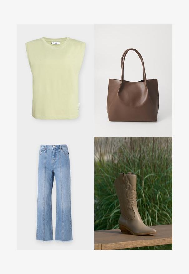 Haut en coton vert clair avec épaules larges, encolure ronde et ourlet droit. Comprend une étiquette sur la couture latérale.; Jean large en denim bleu clair avec taille haute, coutures avant et ourlet brut. Présente une fermeture à bouton et à glissière classique à la taille.; Botte de cowboy en cuir beige avec un motif brodé et un talon en bois, posée sur une surface en bois devant un fond de plante verte.; Sac en cuir marron avec deux longues poignées, forme structurée, texture lisse et design minimaliste. Aucun matériel ni accent visible.