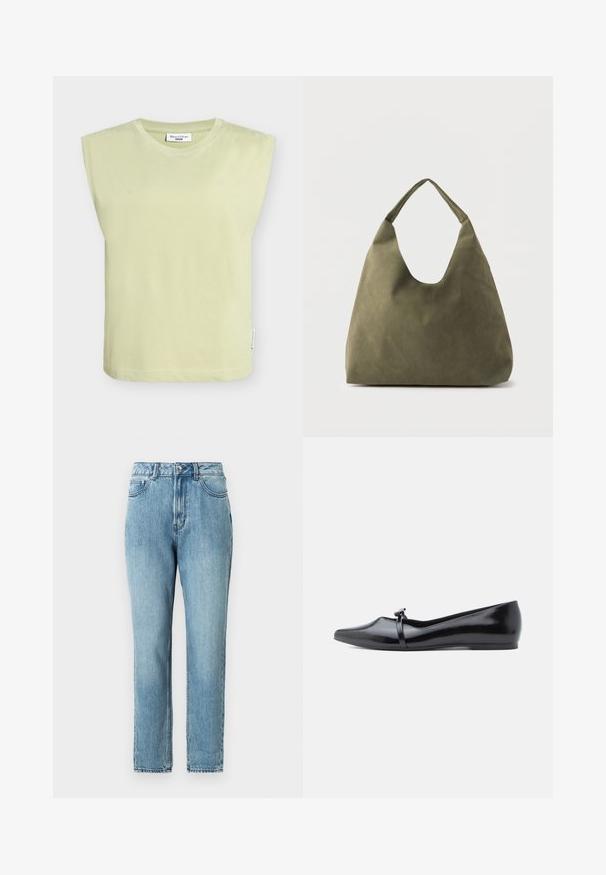 Haut en coton vert clair avec épaules larges, encolure ronde et ourlet droit. Comprend une étiquette sur la couture latérale.; TOM TAILOR DENIM Jean Mom - clean mid stone blue denim; Ballerine en cuir verni noir avec bout pointu, bride décorative et texture lisse. Design minimaliste sans accents visibles.; Sac à bandoulière en cuir souple vert olive avec une large sangle unique et une forme décontractée et non structurée sur un fond clair.