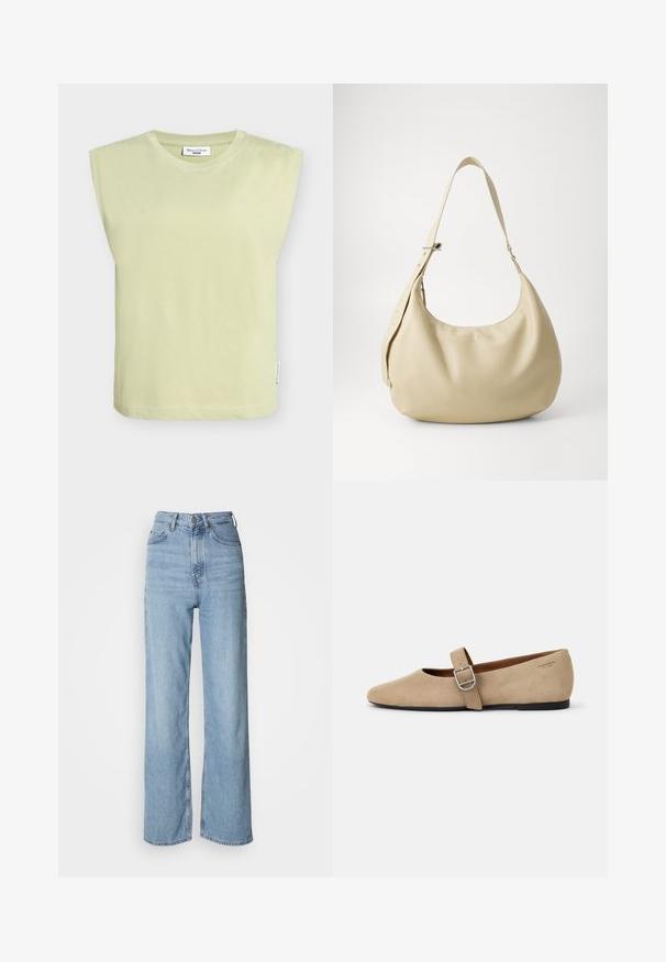 Haut en coton vert clair avec épaules larges, encolure ronde et ourlet droit. Comprend une étiquette sur la couture latérale.; Jean taille haute bleu clair avec une jambe droite, en denim, présentant une fermeture à bouton sur le devant et des détails de décoloration subtils.; Ballerines en daim beige de style Mary Jane avec un bout pointu et une seule sangle réglable dotée d'une boucle en métal argenté. Semelle plate noire.; Sac à épaule en cuir beige avec une forme courbée, une bandoulière réglable et un détail de logo embossé, présentant une texture lisse et un design minimaliste.