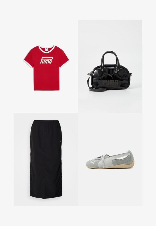 T-shirt en coton rouge avec un col et des bords de manches en côtes blanches, arborant un grand logo blanc "PUMA" sur le devant.; Jupe de sport noire avec une taille élastique, dotée de fentes latérales pour faciliter les mouvements et d'un minimum de détails de marque sur le côté droit.; Chaussure plate en daim Puma gris clair avec logo blanc, lacets à l'avant, côtés découpés et semelle beige texturée, vue du côté extérieur.; Sac à main en cuir verni noir avec des poignées supérieures doubles, une bandoulière amovible, une forme arrondie et un logo "PUMA" en relief bien visible.