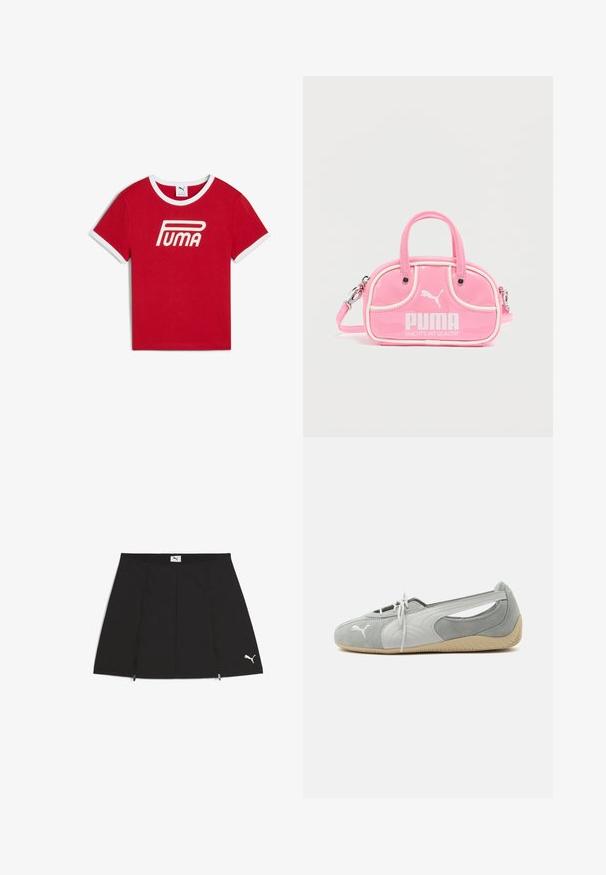 T-shirt en coton rouge avec un col et des bords de manches en côtes blanches, arborant un grand logo blanc "PUMA" sur le devant.; Jupe de sport noire avec un design évasé, fabriquée en tissu lisse. Comprend des poches zippées à l'avant et un logo Puma blanc sur le bas à droite.; Chaussure plate en daim Puma gris clair avec logo blanc, lacets à l'avant, côtés découpés et semelle beige texturée, vue du côté extérieur.; Sac à main rose brillant avec deux poignées, accents blancs et un logo PUMA bien visible. Comprend une bandoulière amovible et une fermeture éclair.