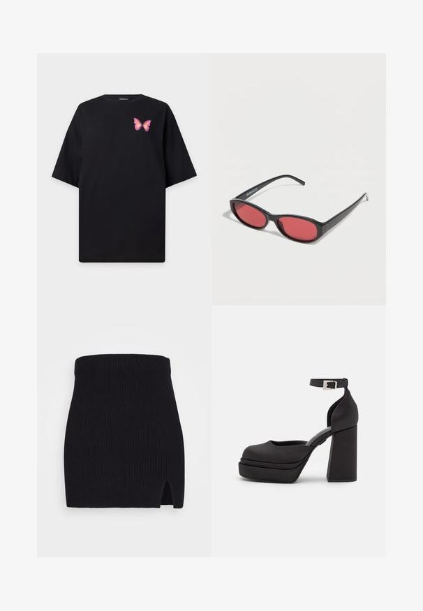 Zwart T-shirt met korte mouwen en een klein roze-oranje vlinderontwerp op het linkerborstgebied.; Zwarte geribbelde mini rok met een aansluitend ontwerp en een zijsplit. De stof heeft een gestructureerde afwerking, wat zorgt voor een strakke pasvorm.; Zwarte platform hakken met een ronde neus, matte stof, hoge blokhak, verstelbare enkelband en subtiele stiksels.; Zwarte ovale zonnebril met slanke pootjes en rood getinte glazen, rustend op een witte ondergrond.