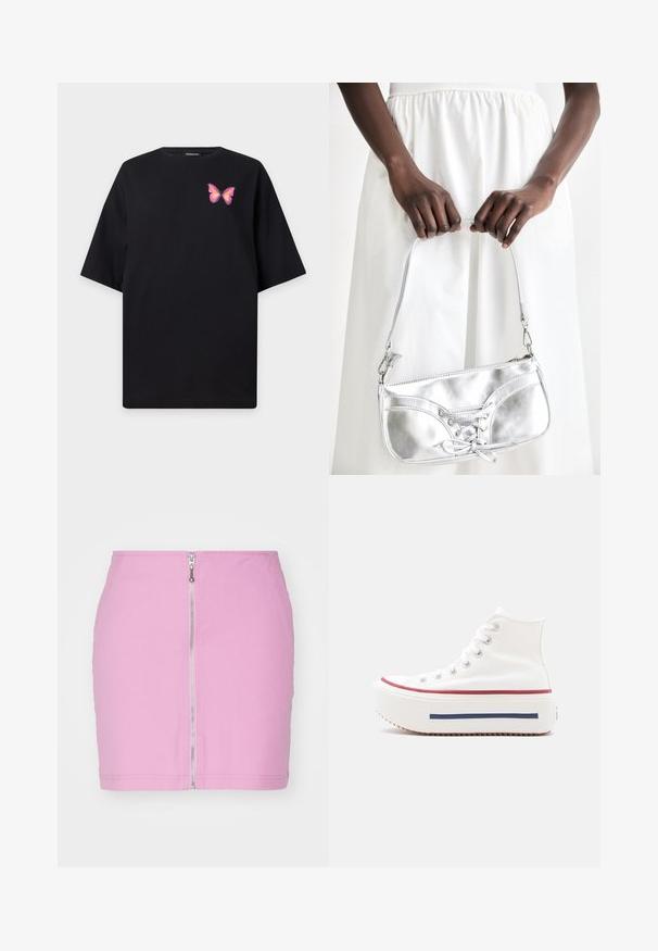 T-shirt noir à manches courtes avec un petit motif de papillon rose et orange sur la partie gauche de la poitrine.; Mini jupe en denim rose avec fermeture éclair à l'avant, design ajusté et finition nette à l'ourlet. Couleur unie, simple, sans motifs.; Baskets montantes blanches avec semelle plateforme épaisse, rayures rouges et bleues sur la semelle, lacets blancs et œillets métalliques, vue de côté sur fond uni.; Sac à main en métal argenté avec un détail à lacets, arborant un design épuré et une courte sangle. Le sac est tenu dans les mains, mettant en valeur sa texture.