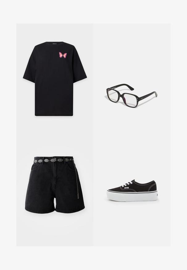 T-shirt noir à manches courtes avec un petit motif de papillon rose et orange sur la partie gauche de la poitrine.; Shorts en denim noir avec une taille haute, des poches avant et une ceinture décorative en chaîne argentée avec des accents ovales. Texture lisse.; Baskets en toile noires avec une semelle en caoutchouc blanc, dotées de lacets et de coutures blanches, marquage emblématique sur le côté, design basse.; Lunettes noires rectangulaires avec des verres transparents, présentant des bords arrondis et des accents sur les côtés, avec une finition brillante sur la monture et les branches.