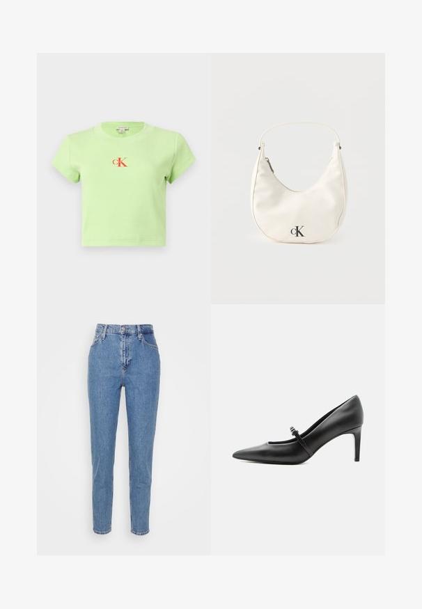 Lichtgroene, geribbelde katoenen t-shirt met een ronde halslijn en korte mouwen. Heeft een centraal rood "CK" logo ontwerp.; Blauwe high-waisted straight-leg jeans met een knoop en rits aan de voorkant, riemlussen en zakken, weergegeven op een effen witte achtergrond.; Zwarte leren pumps met puntige neus, dunne riem en gesp over de wreef, staand op een neutrale lichte achtergrond.; Kleine witte handtas in de vorm van een halve maan met een kort hengsel, ritssluiting en zwart "cK" logo aan de voorkant.