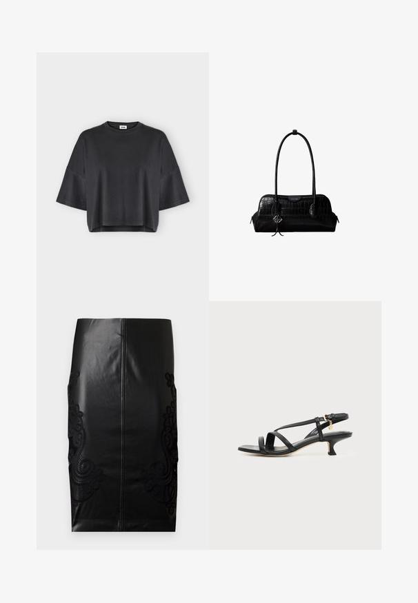 T-shirt noir oversized à manches courtes avec un col rond et un ourlet légèrement raccourci sur un fond clair uni.; Jupe crayon en cuir noir avec un délicat broderie en dentelle noire sur les côtés, dos sans couture et texture lisse. Coupe classique et silhouette.; Sandale noire en cuir à brides fines, talon bas kitten, boucle à la cheville et petit pendentif doré sur fond clair uni.; Sac à épaule en cuir noir à texture crocodile, avec de longues sangles et un petit charm logo argenté sur une sangle.