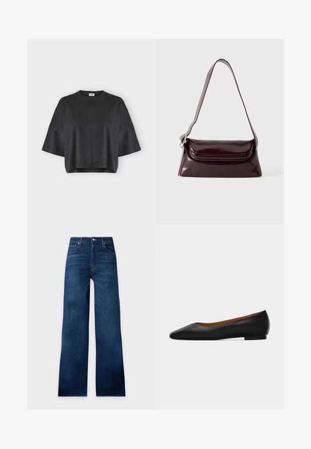 T-shirt noir oversized à manches courtes avec un col rond et un ourlet légèrement raccourci sur un fond clair uni.; Jean large bleu foncé avec bouton à l'avant, fermeture éclair, passants de ceinture et design cinq poches sur un fond clair uni.; Chaussure plate en cuir noir à bout pointu avec talon bas et finition lisse, vue de côté sur un fond gris clair.; Sac à bandoulière en cuir bordeaux foncé avec fermeture à rabat et une fine sangle réglable, présenté sur un fond clair uni.