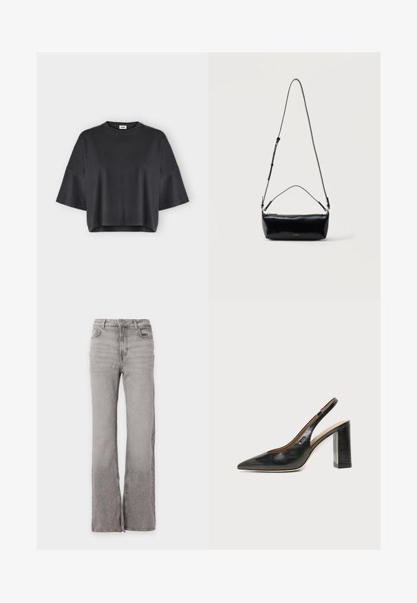 T-shirt noir oversized à manches courtes avec un col rond et un ourlet légèrement raccourci sur un fond clair uni.; Jean en denim gris taille haute avec jambes évasées, poches avant, passants de ceinture et fermeture par bouton et zip.; Chaussure slingback en cuir noir à bout pointu avec un talon bloc haut et une doublure intérieure beige sur un fond clair uni.; Sac bandoulière rectangulaire en cuir noir avec bandoulière ajustable, fermeture éclair sur le dessus et petit logo Calvin Klein doré sur le devant.