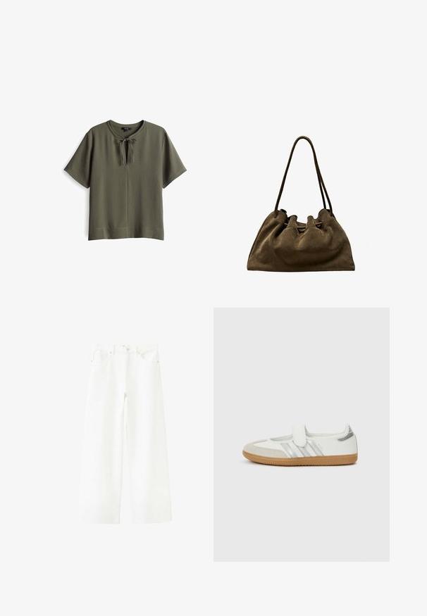 Olivgrünes Kurzarmoberteil mit rundem Halsausschnitt und einer Schleifendetail vorne. Weiches, strukturiertes Material mit einer lockeren Passform.; Weiße Jeans mit weitem Bein, vorderen Taschen, Gürtelschlaufen und Knopfverschluss am Bund.; Weißer Sneaker mit silbernen Streifen, Wildlederzehenkappe und Klettverschluss. Texturierte Gummisohle in Karamellfarbe. Minimalistisches Design mit glatter Oberfläche.; Braune Wildlederhandtasche mit weichem, gerafftem Körper und zwei dünnen Schulterriemen, die aufrecht vor einem weißen Hintergrund lehnt.
