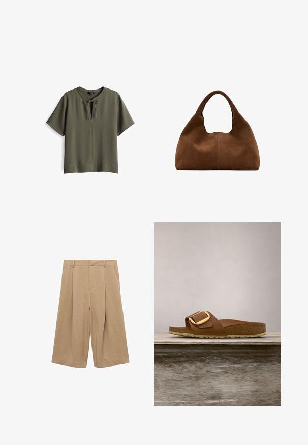 Olivgrünes Kurzarmoberteil mit rundem Halsausschnitt und einer Schleifendetail vorne. Weiches, strukturiertes Material mit einer lockeren Passform.; Beige Culottes aus leichtem Stoff, mit weitem Bein, flachem Vorderteil, zwei Seitentaschen und glatter Textur.; Braune Leder-Sandale mit breitem Riemen und goldfarbener Schnalle. Verfügt über ein Korkfußbett und eine strukturierte Gummisohle.; Braune Wildleder-Hobo-Tasche mit einem breiten, abgerundeten Griff und einer weichen, lässigen Form vor weißem Hintergrund.