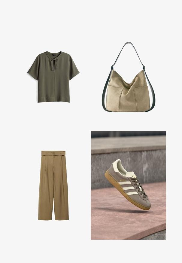 Olijfgroen top met korte mouwen, een ronde halslijn en een strikdetail aan de voorkant. Zacht, gestructureerd materiaal met een losse pasvorm.; Beige wijde broek met hoge taille en ceintuur. Gemaakt van textuurstof, ze hebben voorplooien en een minimalistisch ontwerp.; Lichtbruine suède Adidas sneaker met witte strepen en een rubberen zool, hangend boven roze stenen traptreden buiten.; Beige suède schoudertas met zwarte verstelbare riem en twee grote voorzakken, licht doorgezakte vorm tegen een witte achtergrond.