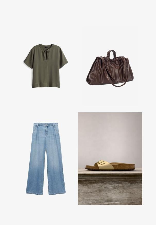 Olivgrünes Kurzarmoberteil mit rundem Halsausschnitt und einer Schleifendetail vorne. Weiches, strukturiertes Material mit einer lockeren Passform.; Hellblaue weit geschnittene Jeans aus Denim, mit hoher Taille, dezenten Falten und einem rohen Saumabschluss an den Bündchen.; Goldfarbene synthetische Slide-Sandale mit einem einzigen Riemen und Schnallenakzent, ausgestattet mit einem braunen Korkfußbett und einer strukturierten Gummisohle.; Braune Lederhandtasche mit gerafftem oberen Teil, zwei kurzen Griffen und einem langen Schulterriemen. Glatte Oberfläche mit geräumiger, abgerundeter Form.