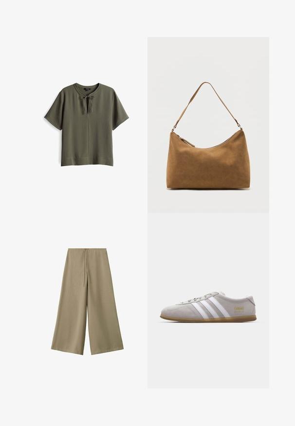 Olijfgroen top met korte mouwen, een ronde halslijn en een strikdetail aan de voorkant. Zacht, gestructureerd materiaal met een losse pasvorm.; Beige broek met wijde pijpen, elastische tailleband en trekkoord, gemaakt van lichtgewicht stof.; Grijze suede sneaker met witte leren strepen en gouden logo detail. Platte gum zool, ronde neus en klassiek vetersluitingssysteem.; Bruine suède schoudertas met een enkele band en een ritssluiting aan de bovenkant, gepresenteerd tegen een effen witte achtergrond.