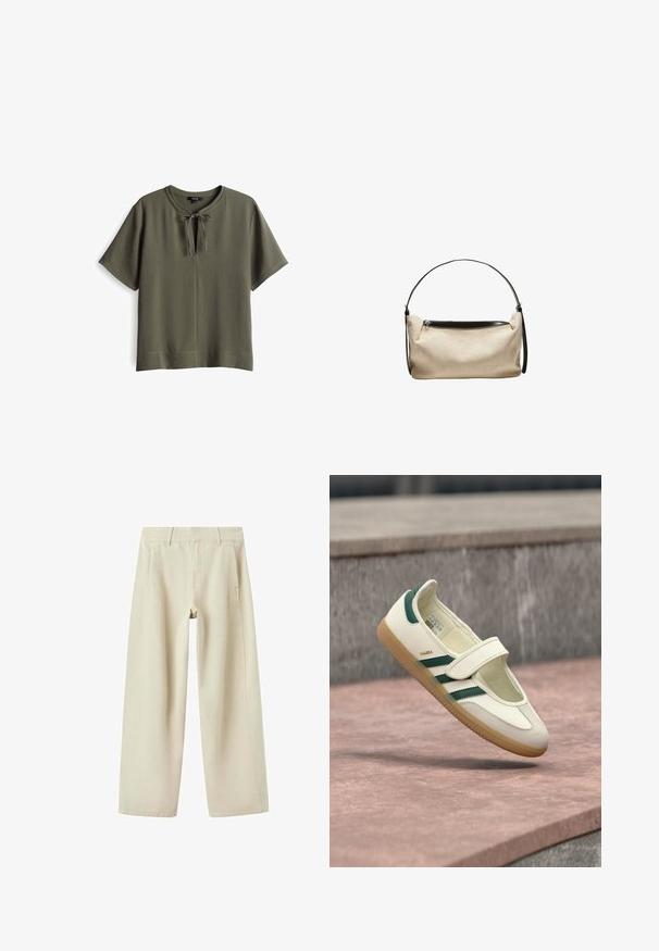 Olivgrünes Kurzarmoberteil mit rundem Halsausschnitt und einer Schleifendetail vorne. Weiches, strukturiertes Material mit einer lockeren Passform.; Beige Hosen mit weitem Bein, Seitentaschen, Gürtelschlaufen und sichtbaren Nähten, flach auf weißem Hintergrund dargestellt.; Weißer Lederschuh mit grünen Streifen, runde Spitze, durch einen Riemen gesichert. Gummisohle, minimalistisches Design, erhöhter Steppstich entlang der oberen Kanten.; Beige Stoff-Schultertasche mit schwarzem Lederriemen und oberem Reißverschluss, einfacher und leicht schlaffer rechteckiger Form.
