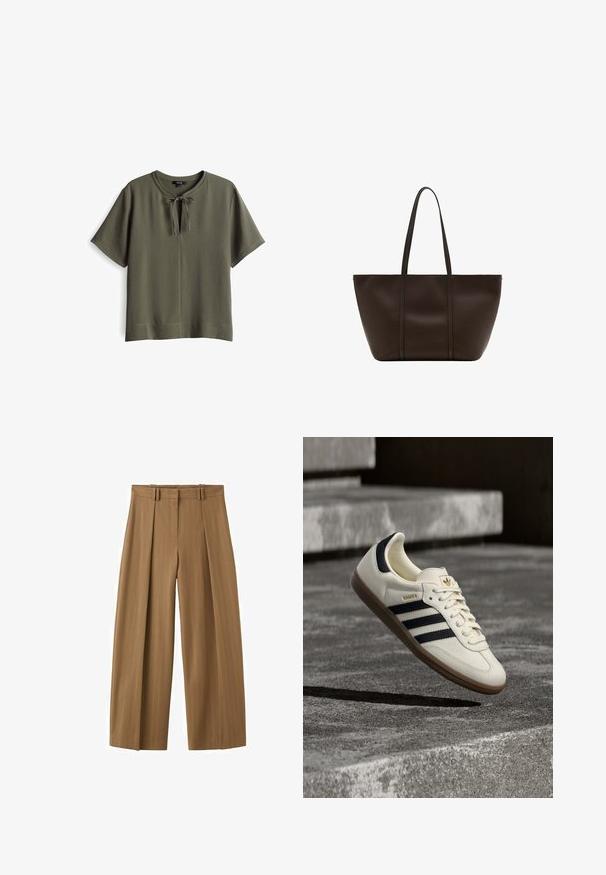 Haut vert olive à manches courtes avec un col rond et un détail noué à l'avant. Matériau doux et texturé avec une coupe décontractée.; Pantalon marron taille haute à jambes larges avec fines rayures, plis sur le devant, passants pour ceinture et fermeture éclair dissimulée sur le devant.; Baskets blanches Adidas Samba avec des bandes noires et une semelle en gomme, flottant au-dessus de marches en béton gris texturé.; Grand sac cabas en cuir marron foncé avec deux longues anses, design simple, texture lisse et sans logo ou ornement visible.