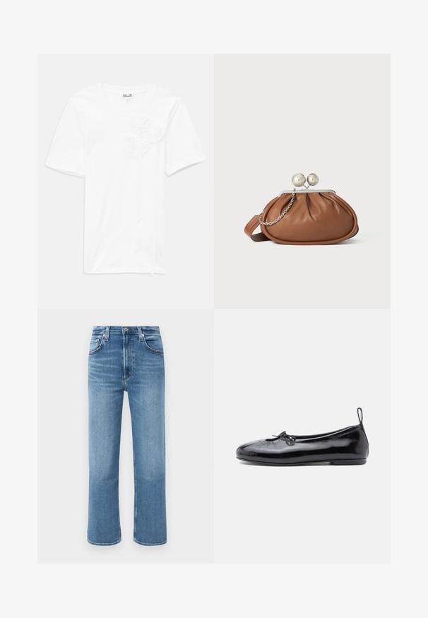 Hvid kortærmet t-shirt lavet af bomuld med tre teksturerede blomst-applikationer på forsiden, med en rund halsudskæring og en afslappet pasform.; Mellemblå, lige ben denimjeans med høj talje, frontknap og fem-lomme stil på en ensfarvet baggrund.; Sorte patenterede læder ballet flats med rund tå, lille sløjfedetalje og glat tekstur; har en lav flad sål og en træksløjfe ved hælen.; Brun læder clutch-pung med sølv kugleklap og en lille sølv kædedetalje på en hvid baggrund.