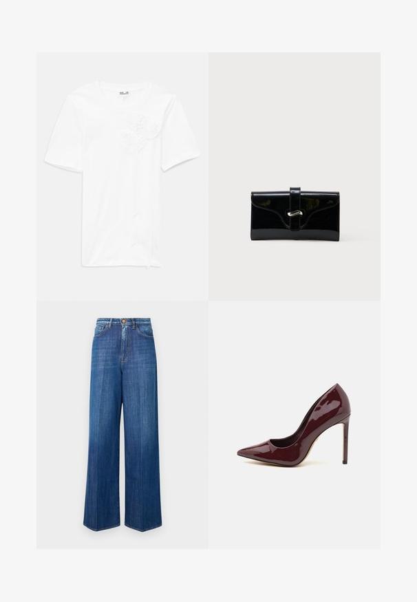 Camiseta corta de manga corta blanca hecha de algodón, con tres aplicaciones de flores texturizadas en el frente, presenta un escote redondo y un corte relajado.; Jeans de mezclilla de pierna ancha en azul oscuro, con cintura alta, cierre de botón y costuras clásicas. Textura suave con un ligero desgaste.; Zapato de tacón alto de charol burdeos con punta afilada, acabado suave y tacón de aguja esbelto.; Cartera rectangular negra y brillante con una correa frontal y cierre de broche metálico plateado, colocada sobre un fondo blanco liso.