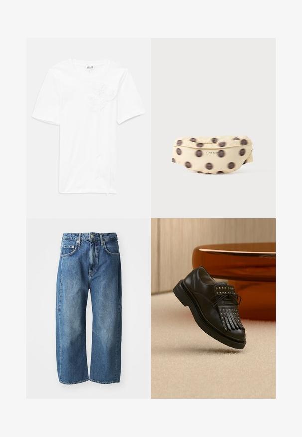 Hvid kortærmet t-shirt lavet af bomuld med tre teksturerede blomst-applikationer på forsiden, med en rund halsudskæring og en afslappet pasform.; Blå denimjeans med en løs, bred ben-design, der har forlommer, en knap- og lynlåslukning og subtilt slid ved knæene.; Sort læder snøresko med dekorativ frynse og metalnitter placeret på beige tæppe nær brunt møbel.; Beige stof-bæltetaske med slørede sorte polkaprikker og "STINE GOYA" trykt med små sorte bogstaver foran.