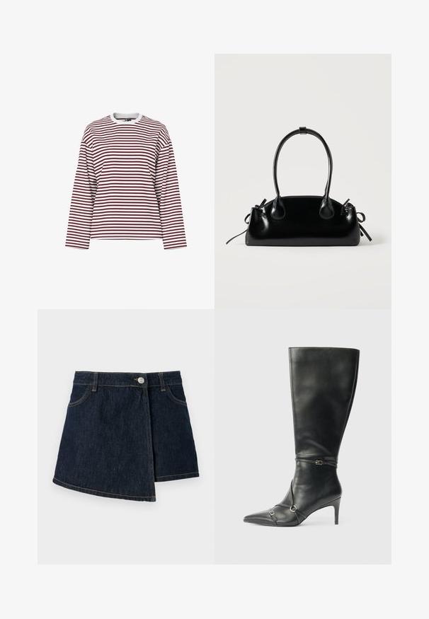 Chemise à manches longues rayée en bordeaux et blanc, avec un col rond et une coupe décontractée. Tissu doux avec des rayures horizontales uniformes.; Jupe en denim avec une teinte foncée, de forme A, fermeture à boutons sur le devant et détails de couture subtils. Elle présente un design enroulé sur le côté.; Bottes noires en cuir montant jusqu'au genou, avec un talon fin, un bout pointu et des détails de lanière à la cheville. Texture lisse et design ajusté.; Petit sac à main noir brillant avec deux longues anses et des détails à cordon sur les côtés sur un fond clair uni.